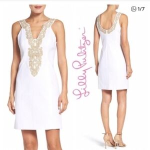 Lilly Pulitzer | 100% Cotton White Bodycon Dress with Gold Detailing Size 12